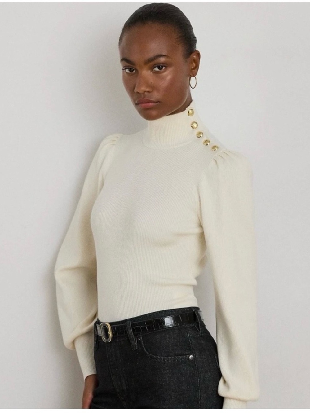 Ralph Lauren Cream High-Neck Button-Shoulder Sweater